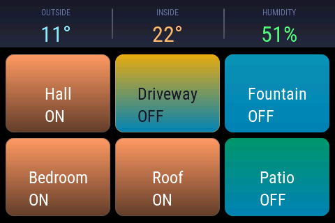 My display running openHASP with 6 control buttons and temperature readings