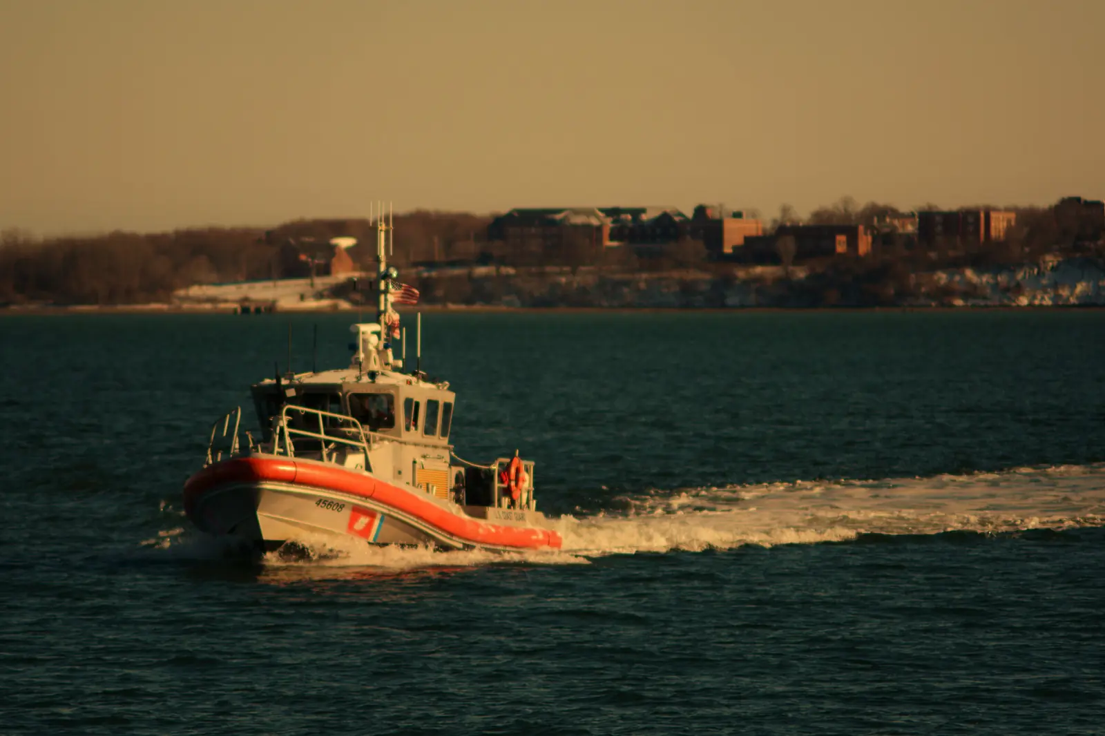 A US Coast Guard ship on Boston Harbor