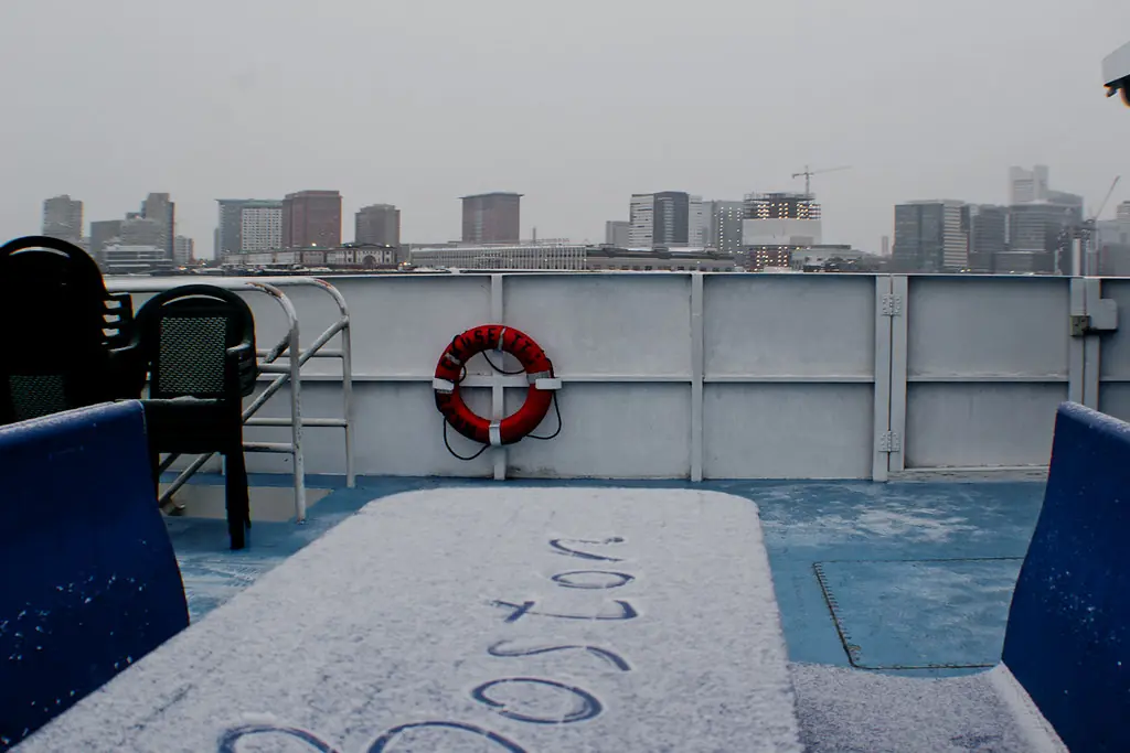 A life-buoy ring on a snow-covered rooftop